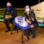 Simon Told Helen with trainer David Burnett, handler Martina Kirillidis and the prized Maturity Classic trophy.