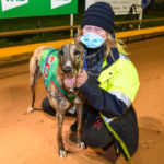 Slingshot Titan with trainer Deb Coleman and a lucky blue lead, which was Simon Benson’s favourite colour.