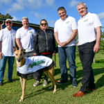 Former champion Gippsland greyhound Sennachie with (from left) trainer Steve White, Steve Clark (Traralgon GRC), Peita Duncan (GRV Chair), Tony Mitchell (Warragul GRC) and Rob Popplestone (Sale GRC).