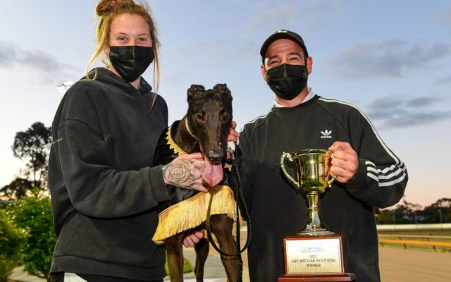 Lembor with Korie Heinrich, trainer Jordan Formosa and the Battler's Cup trophy.