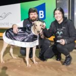 Aston Pablo and trainer Jack Campbell (left) after winning the Rookie Distance Final