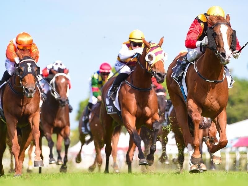 Jockey Brad Stewart rides NotOnYourLife (far right) to win race 7.