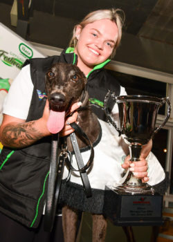 Robbie Rotten with trainer Kayla Cottrell and the prized Warragul Cup.